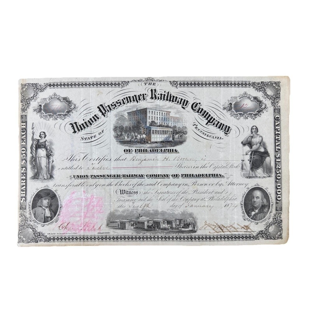 1874 Union Passenger Railway Company of Pennsylvania Capital Stock Certificate‎